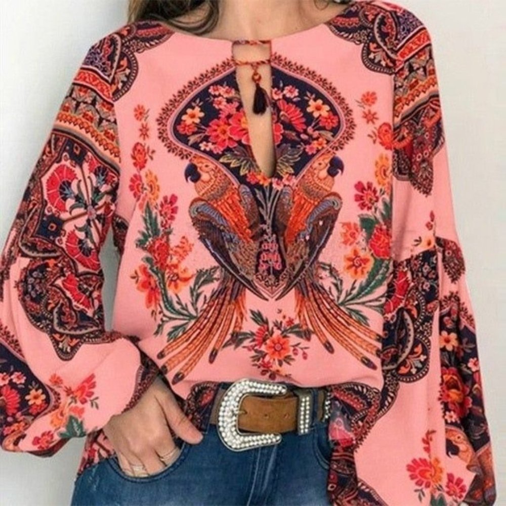 S-5XL Women Bohemian Clothing Plus Size Blouse Shirt Vintage Floral Print Tops -